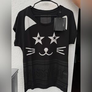 New Women Philipp Plein Cat Crew Neck Tee T-shirt Top Bling Black